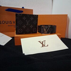 Men’s LV-Style Belt + Wallet Set | Black with Gold Buckle | Includes Box, Bag &
